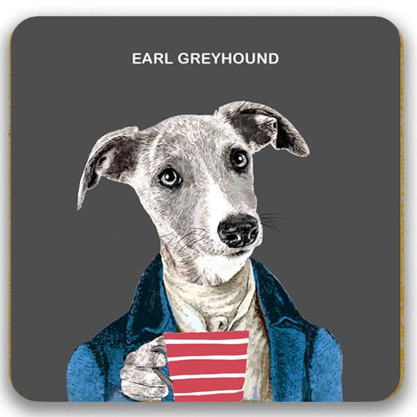 Coaster featuring a greyhound with a cup of tea 'Earl Greyhound'