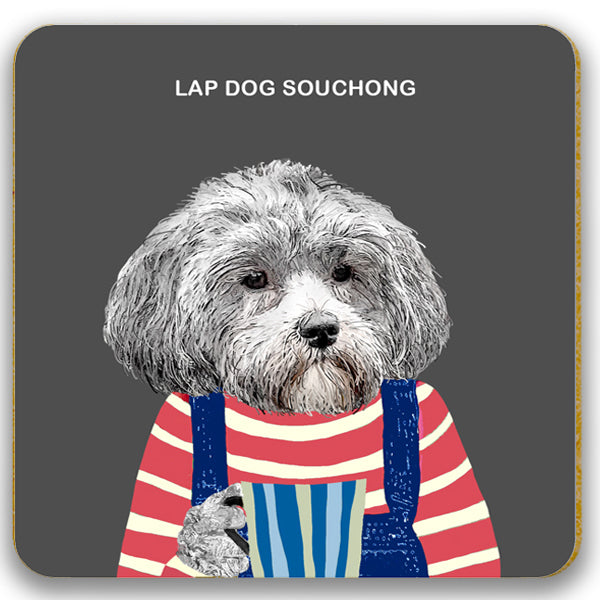 Coaster featuring a lap dog with a cup of tea &#39;Lap Dog Souchong&#39;