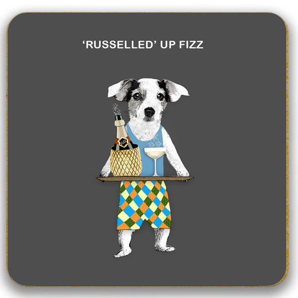 Coaster featuring jack russell dog with bottle and glass of fizz 'russelled up fizz'