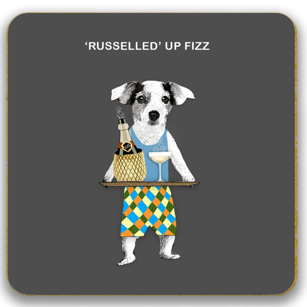 Coaster featuring jack russell dog with bottle and glass of fizz &#39;russelled up fizz&#39;